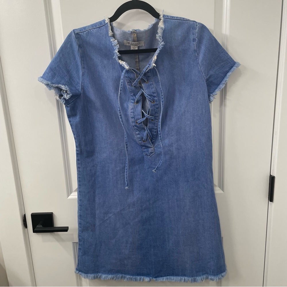GUESS Denim Dress with ripped fringed sleeves, collar, and hem